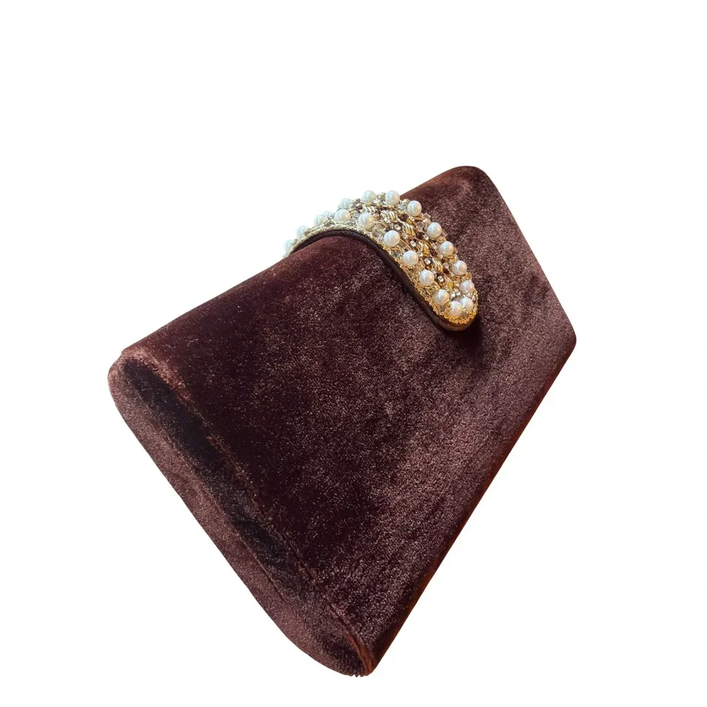 Velvet Clutch Brown Beaded Pearl Clasp Evening Bag Rectangle Formal